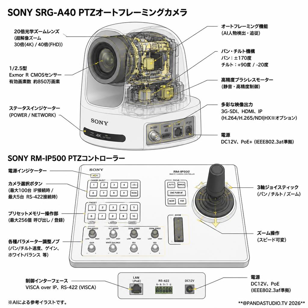 SONY SRG-A40 PTZオートフレーミングカメラ +SONY RM-IP500 PTZコントローラー スペック