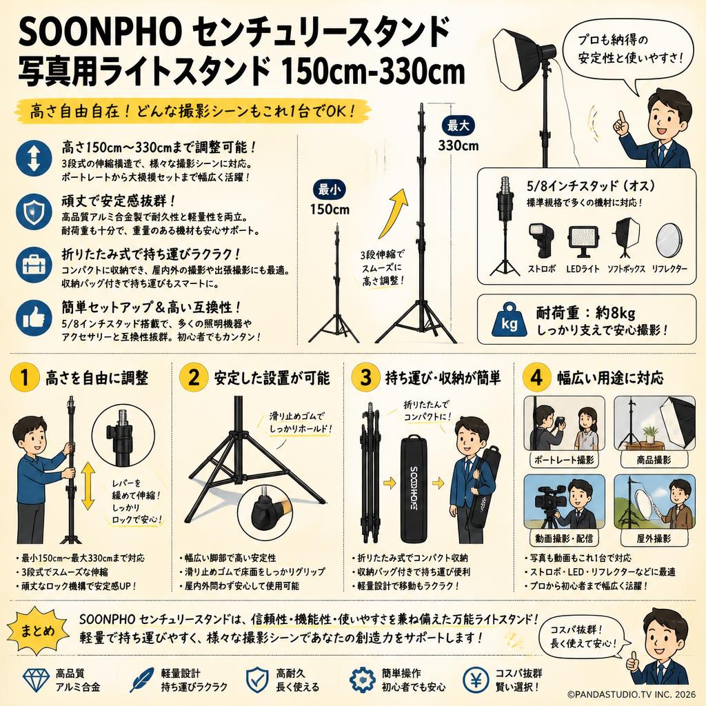 SOONPHO センチュリースタンド 写真用ライトスタンド 150cm-330cm 概要