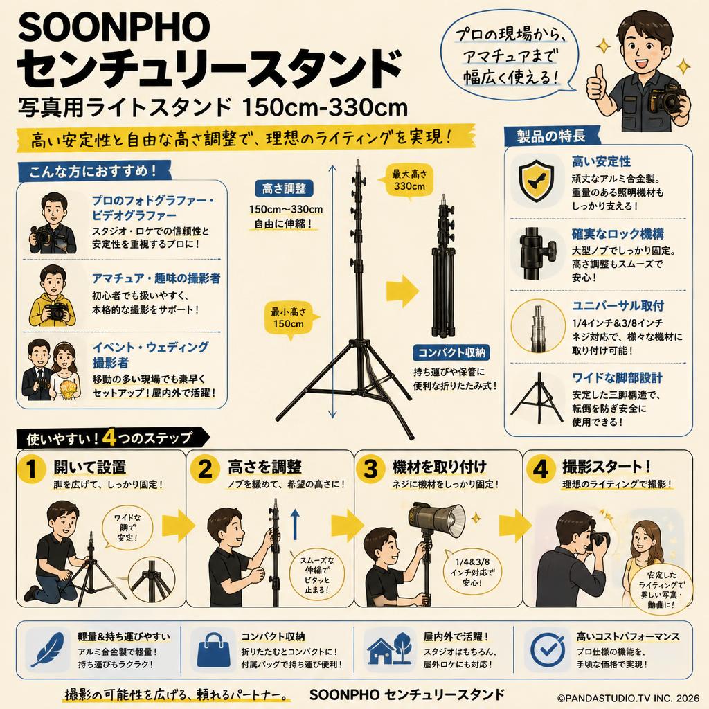 SOONPHO センチュリースタンド 写真用ライトスタンド 150cm-330cm おもな対象のお客様