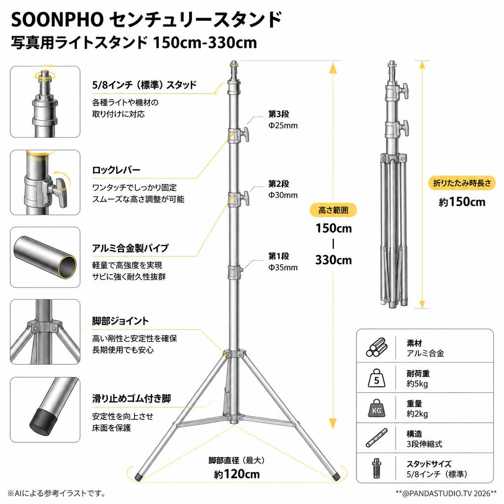 SOONPHO センチュリースタンド 写真用ライトスタンド 150cm-330cm スペック