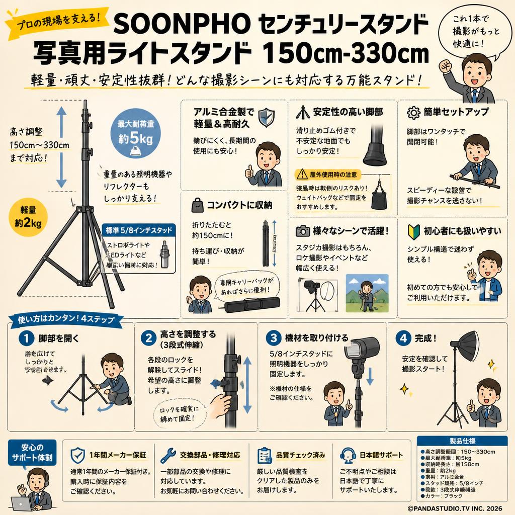 SOONPHO センチュリースタンド 写真用ライトスタンド 150cm-330cm FAQ（よくある質問と答え）
