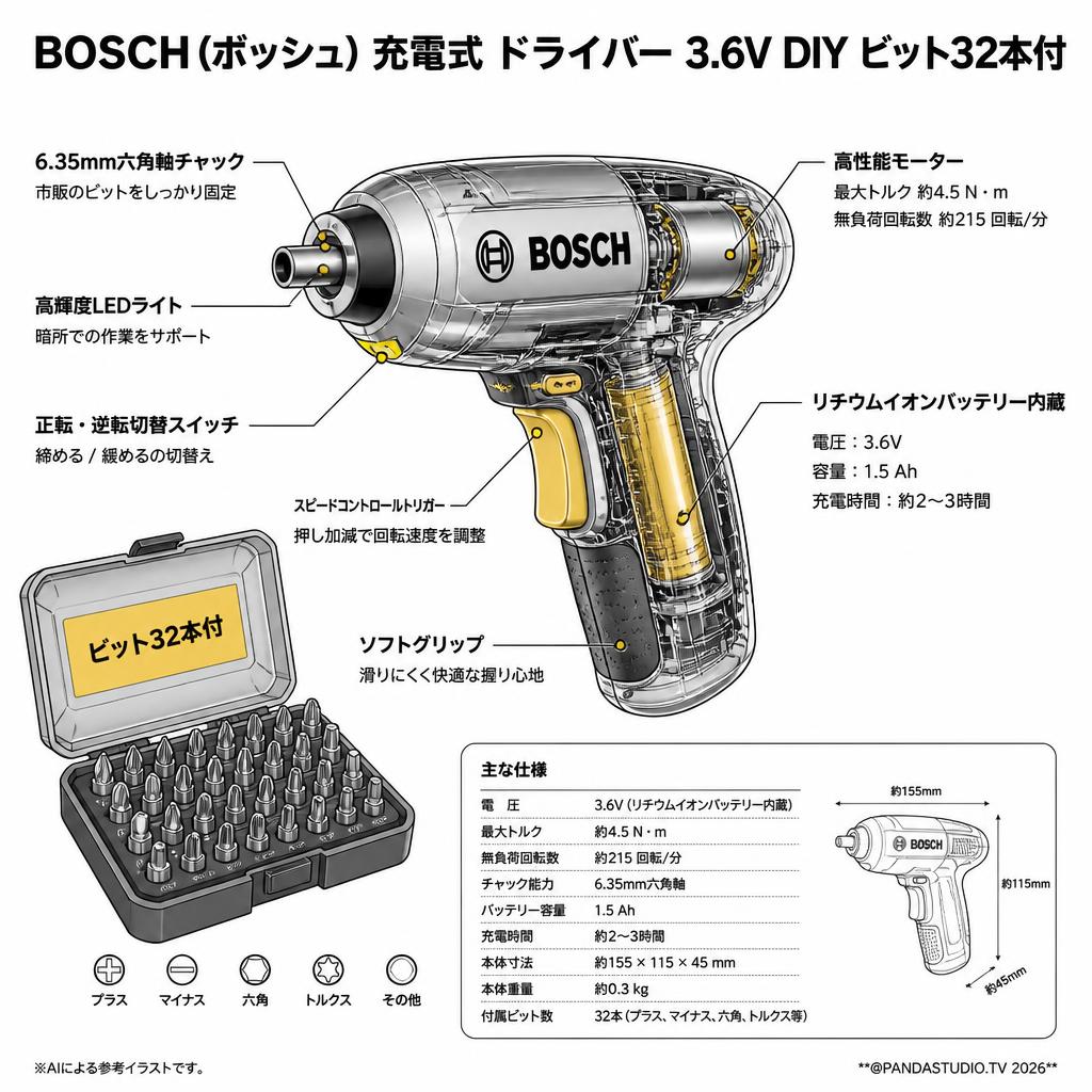 BOSCH (ボッシュ) 充電式 ドライバー 3.6V DIY ビット32本付 スペック