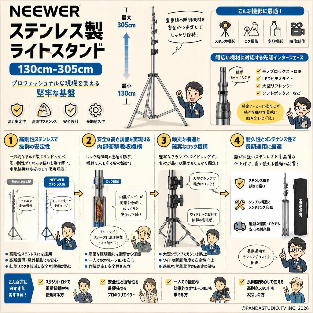 NEEWER ステンレス製 ライトスタンド 130cm-305cm 概要