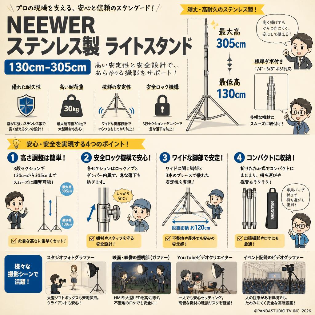 NEEWER ステンレス製 ライトスタンド 130cm-305cm おもな対象のお客様