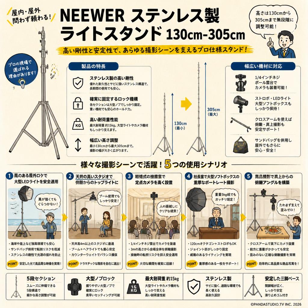 NEEWER ステンレス製 ライトスタンド 130cm-305cm 用途