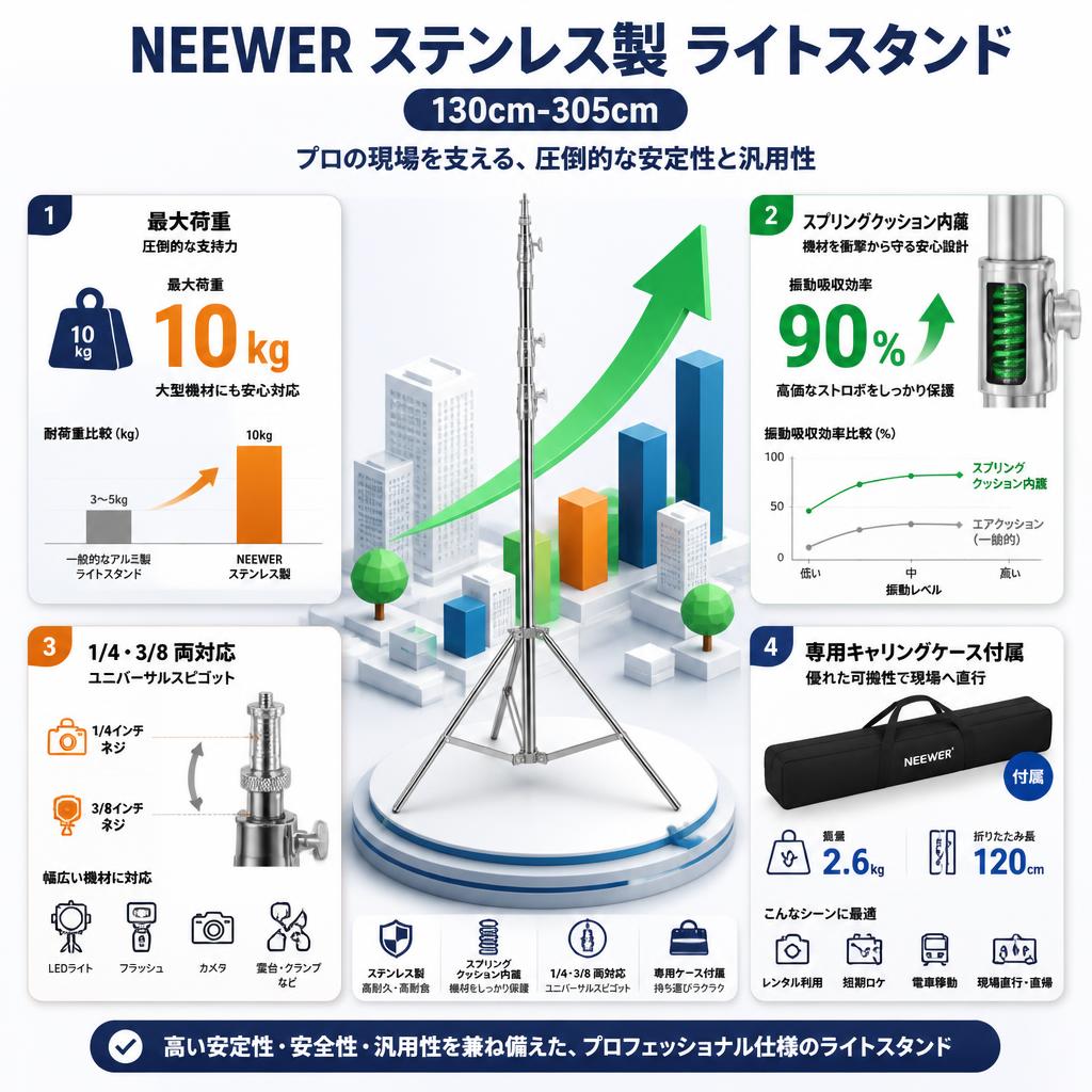 NEEWER ステンレス製 ライトスタンド 130cm-305cm セールスポイント