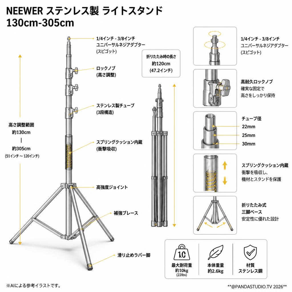 NEEWER ステンレス製 ライトスタンド 130cm-305cm スペック