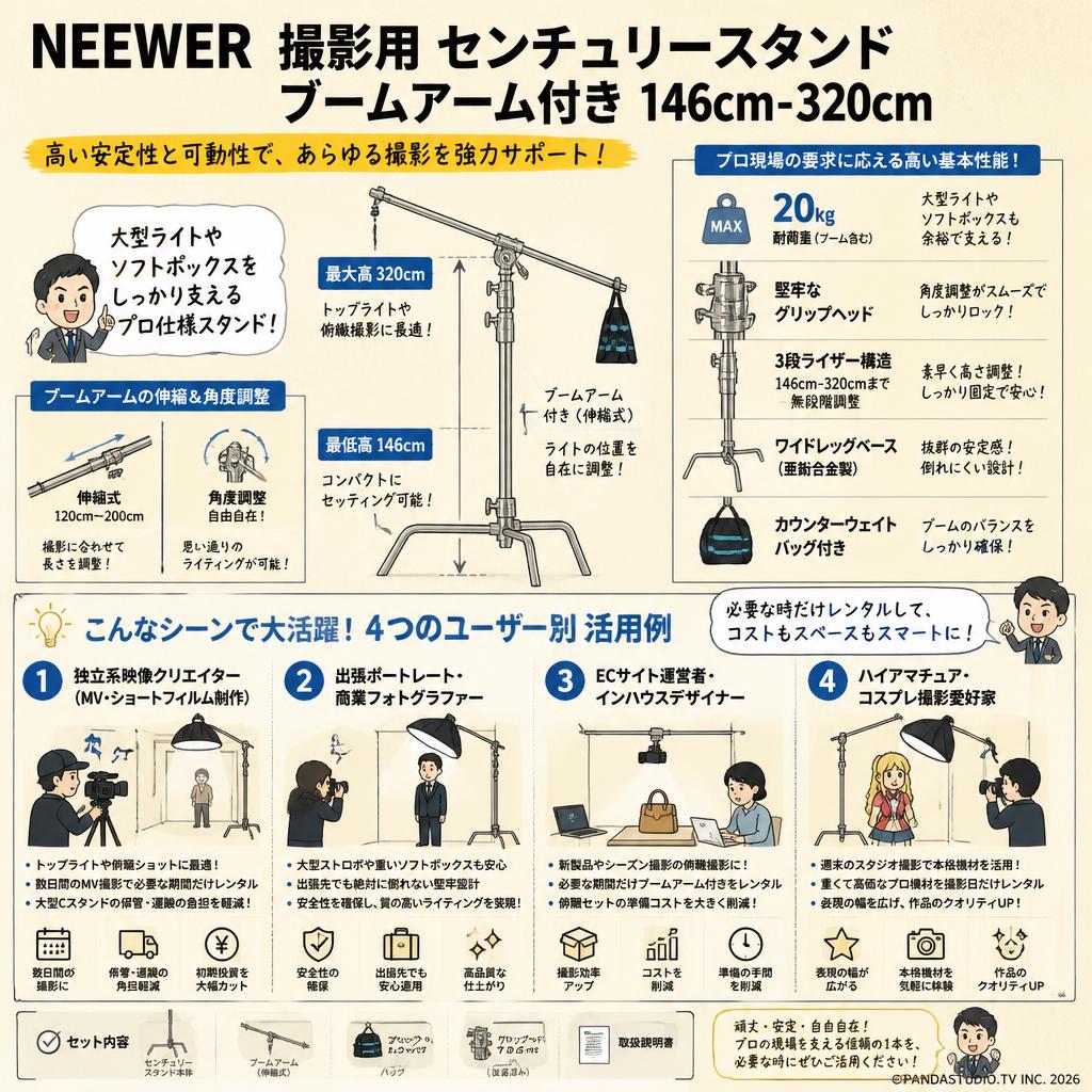 NEEWER 撮影用 センチュリースタンド ブームアーム付き 146cm-320cm おもな対象のお客様