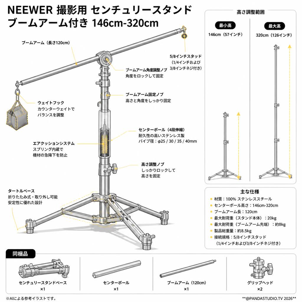 NEEWER 撮影用 センチュリースタンド ブームアーム付き 146cm-320cm スペック