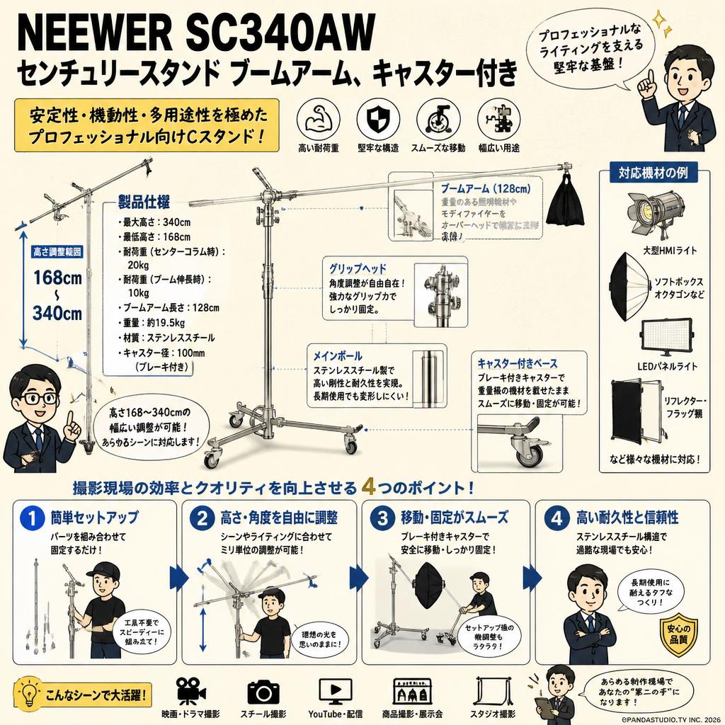 NEEWER SC340AW センチュリースタンド ブームアーム、キャスター付き 168cm-340cm 概要