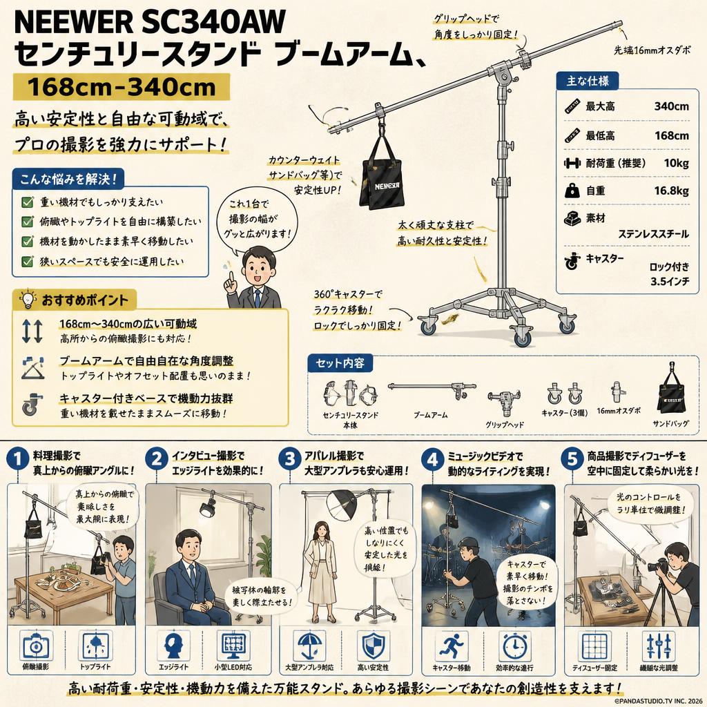 NEEWER SC340AW センチュリースタンド ブームアーム、キャスター付き 168cm-340cm 用途
