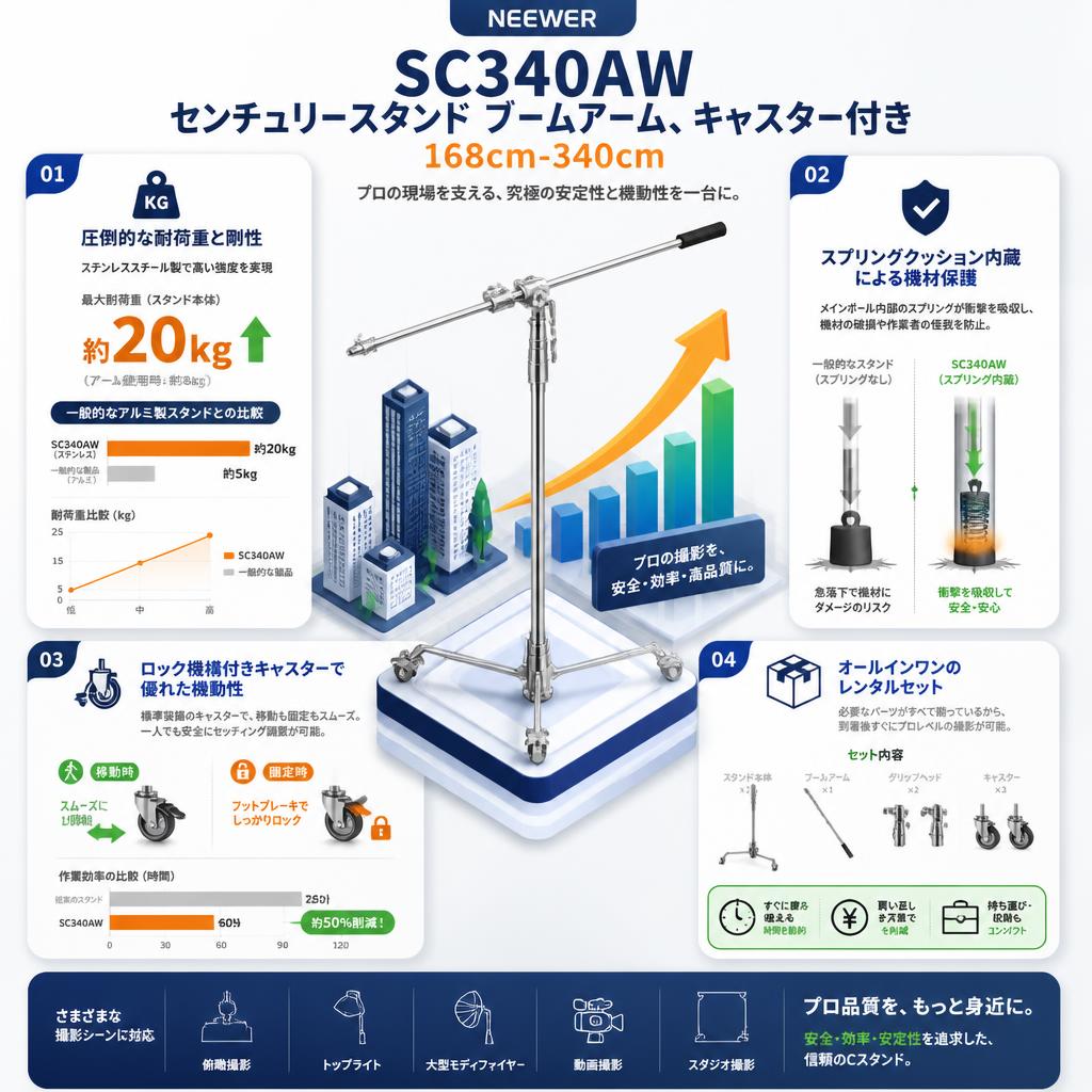 NEEWER SC340AW センチュリースタンド ブームアーム、キャスター付き 168cm-340cm セールスポイント
