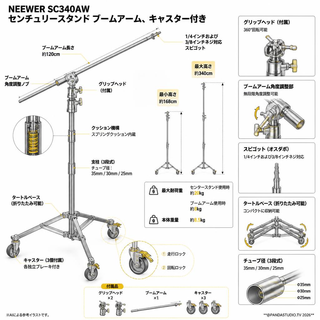 NEEWER SC340AW センチュリースタンド ブームアーム、キャスター付き 168cm-340cm スペック