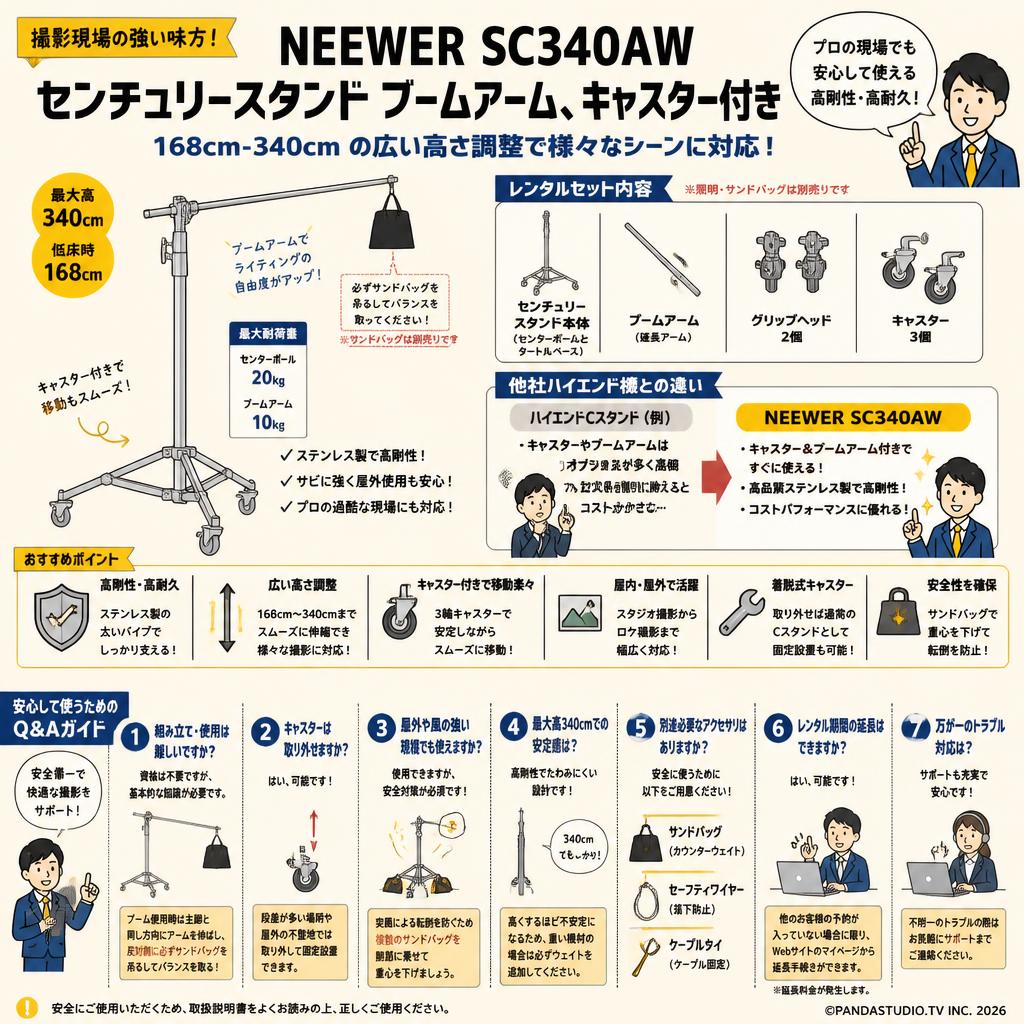 NEEWER SC340AW センチュリースタンド ブームアーム、キャスター付き 168cm-340cm FAQ（よくある質問と答え）