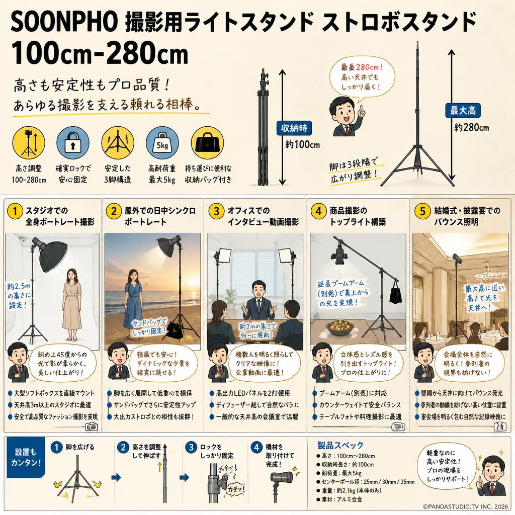 SOONPHO 撮影用ライトスタンド ストロボスタンド 100cm-280cm 用途
