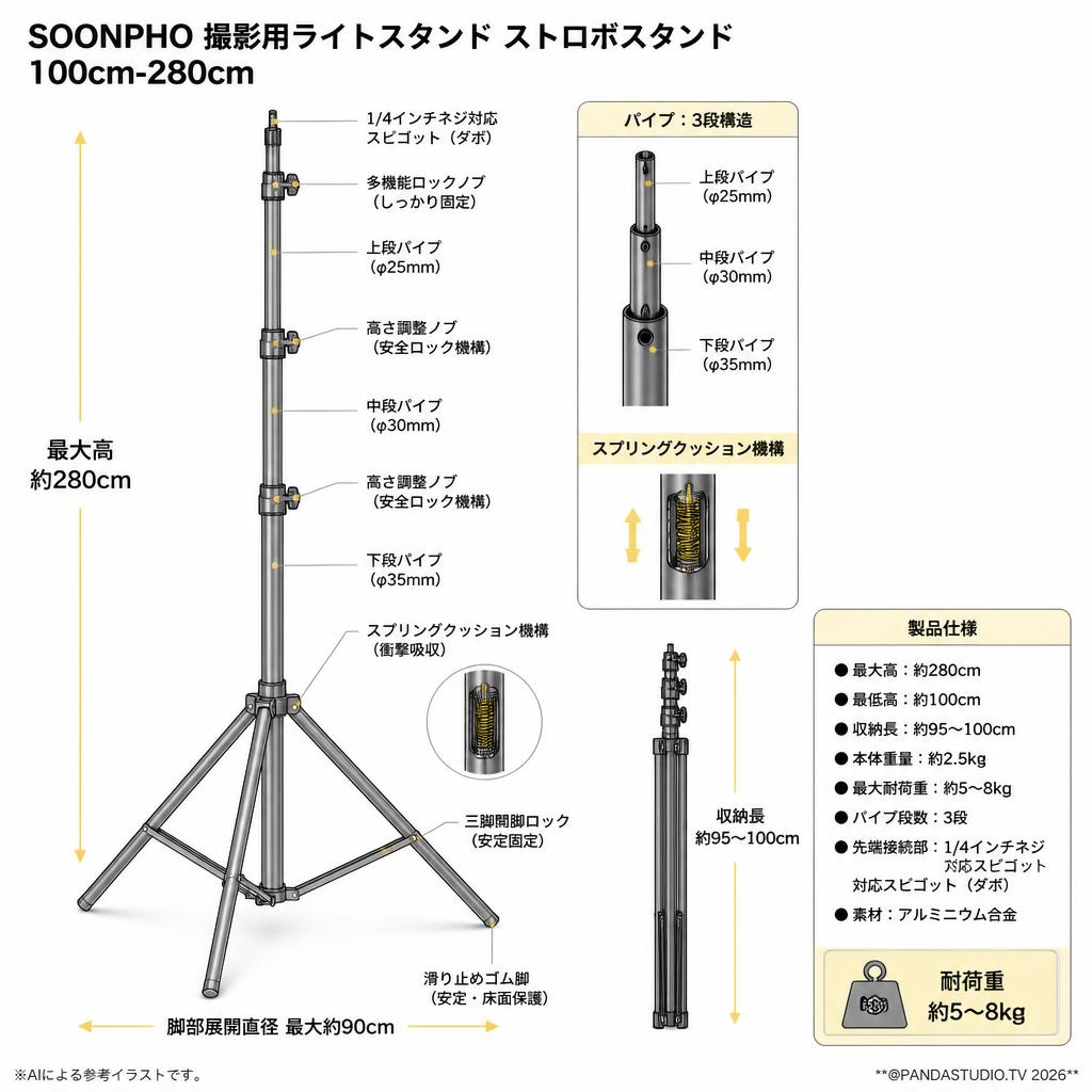 SOONPHO 撮影用ライトスタンド ストロボスタンド 100cm-280cm スペック