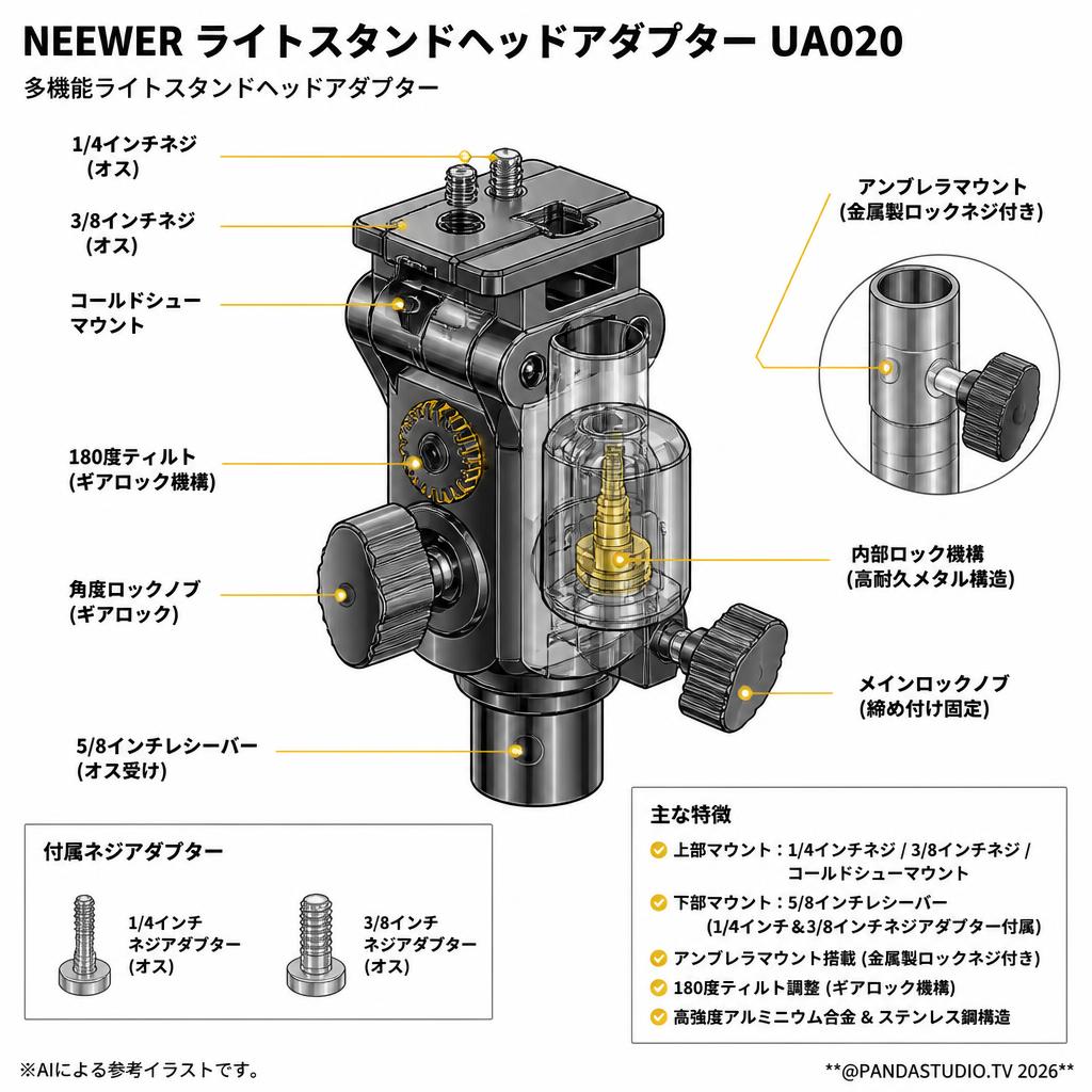 NEEWER ライトスタンドヘッドアダプターUA020 スペック
