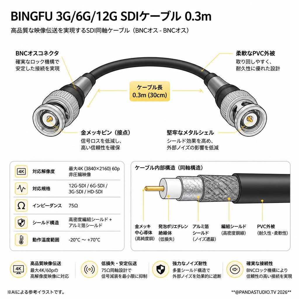BINGFU 3G/6G/12G SDIケーブル 0.3m スペック