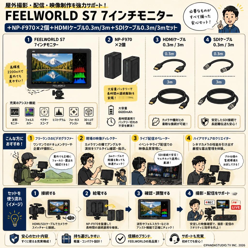 FEELWORLD S7 7インチモニター＋NP-F970×2個＋HDMIケーブル0.3m/3m＋SDIケーブル0.3m/3mセット おもな対象のお客様