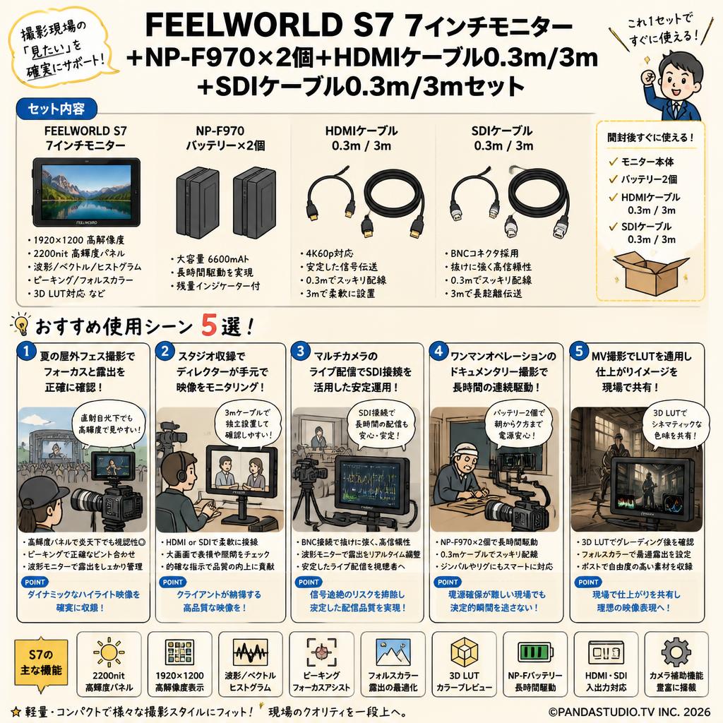 FEELWORLD S7 7インチモニター＋NP-F970×2個＋HDMIケーブル0.3m/3m＋SDIケーブル0.3m/3mセット 用途
