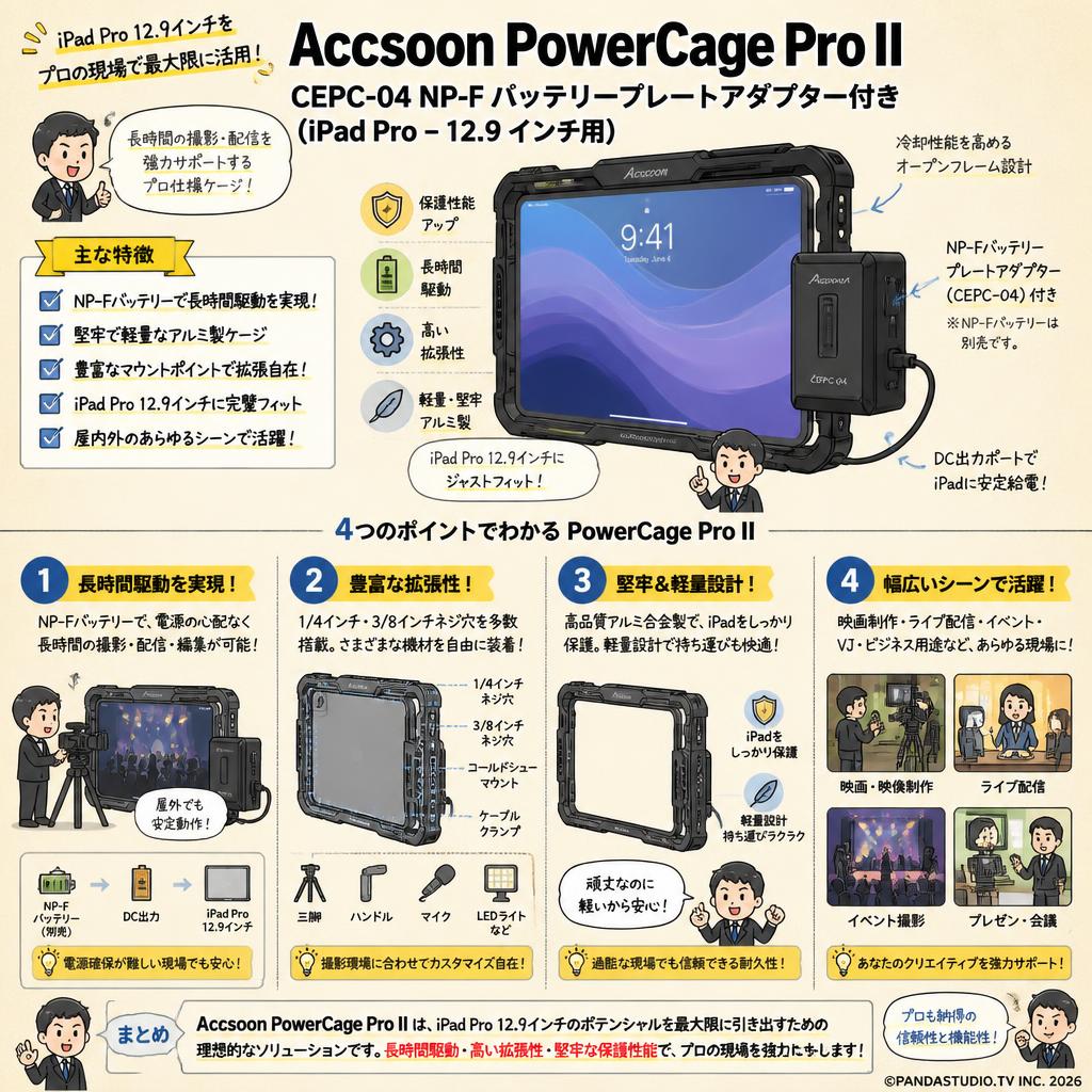 Accsoon PowerCage Pro II CEPC-04 NP-F バッテリープレートアダプター付き (iPad Pro – 12.9 インチ用) 概要