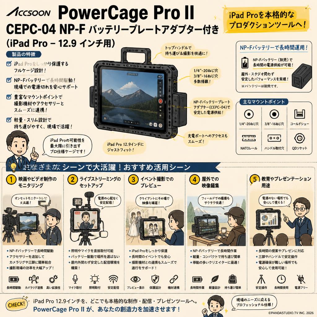 Accsoon PowerCage Pro II CEPC-04 NP-F バッテリープレートアダプター付き (iPad Pro – 12.9 インチ用) 用途
