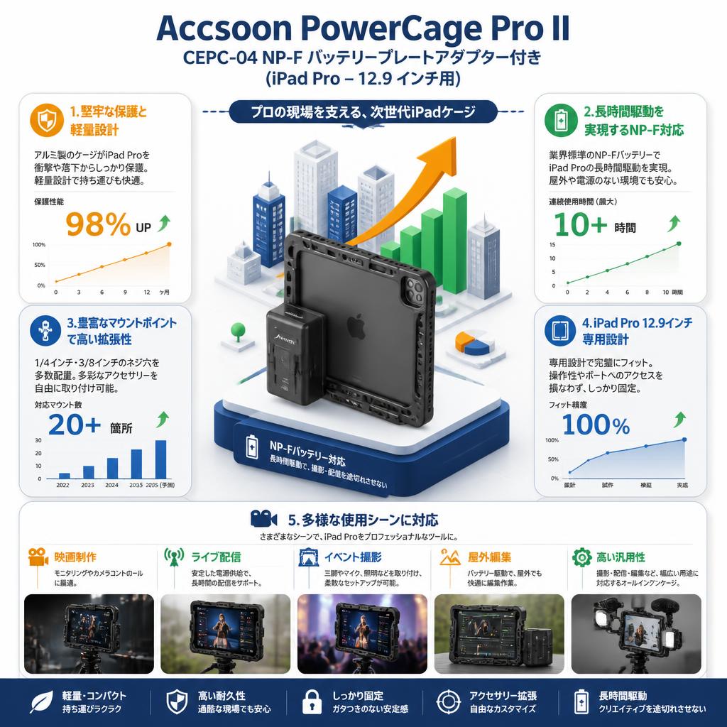 Accsoon PowerCage Pro II CEPC-04 NP-F バッテリープレートアダプター付き (iPad Pro – 12.9 インチ用) セールスポイント