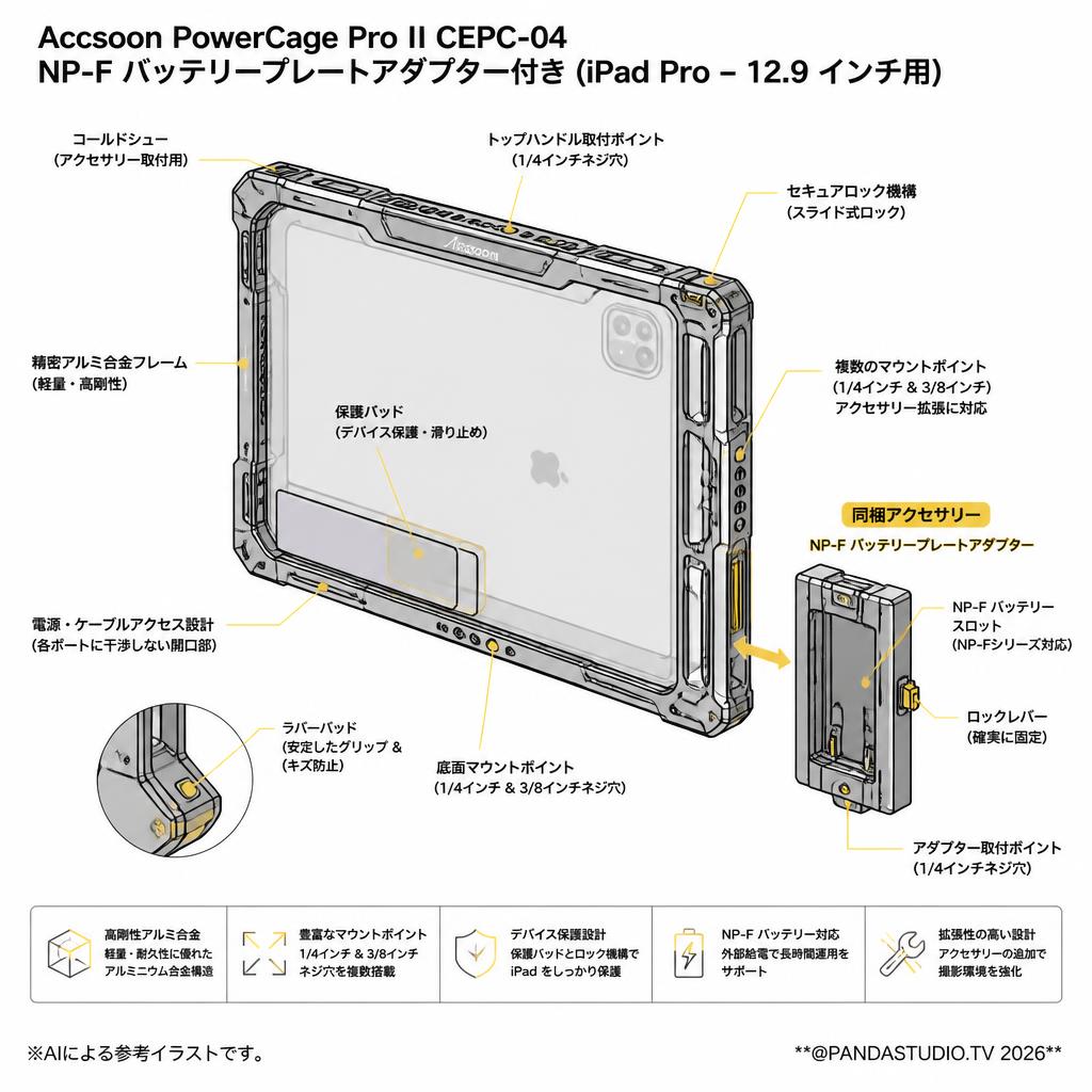 Accsoon PowerCage Pro II CEPC-04 NP-F バッテリープレートアダプター付き (iPad Pro – 12.9 インチ用) スペック