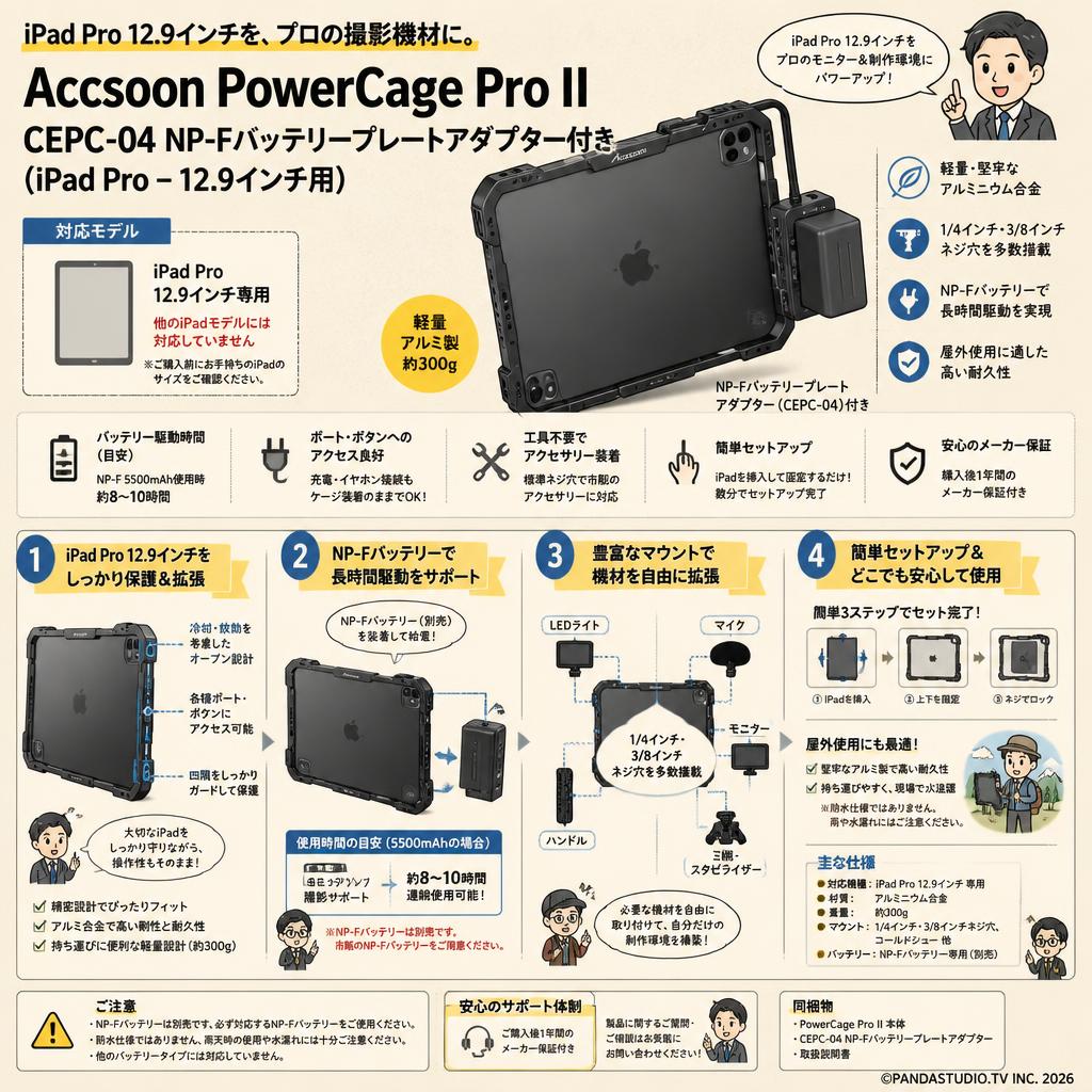 Accsoon PowerCage Pro II CEPC-04 NP-F バッテリープレートアダプター付き (iPad Pro – 12.9 インチ用) FAQ（よくある質問と答え）
