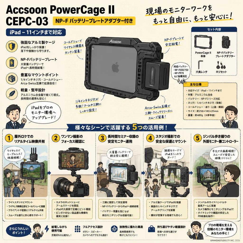 Accsoon PowerCage II CEPC-03 NP-F バッテリープレートアダプター付き (iPad–11インチまで対応) 用途