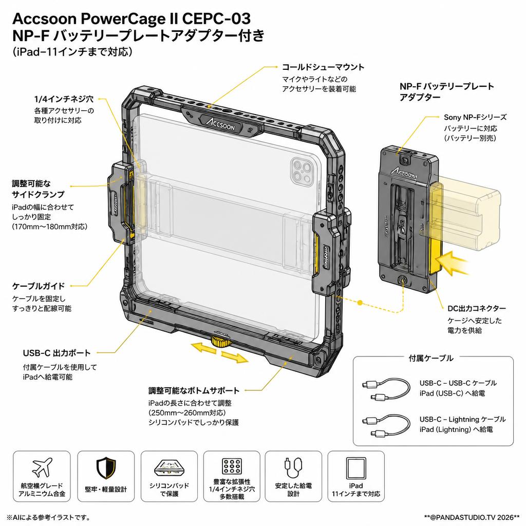 Accsoon PowerCage II CEPC-03 NP-F バッテリープレートアダプター付き (iPad–11インチまで対応) スペック