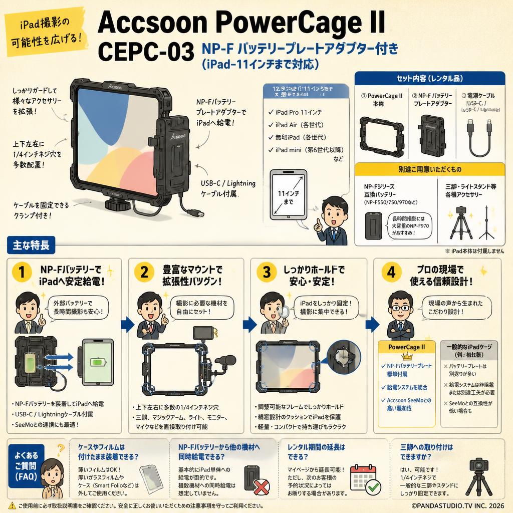 Accsoon PowerCage II CEPC-03 NP-F バッテリープレートアダプター付き (iPad–11インチまで対応) FAQ（よくある質問と答え）