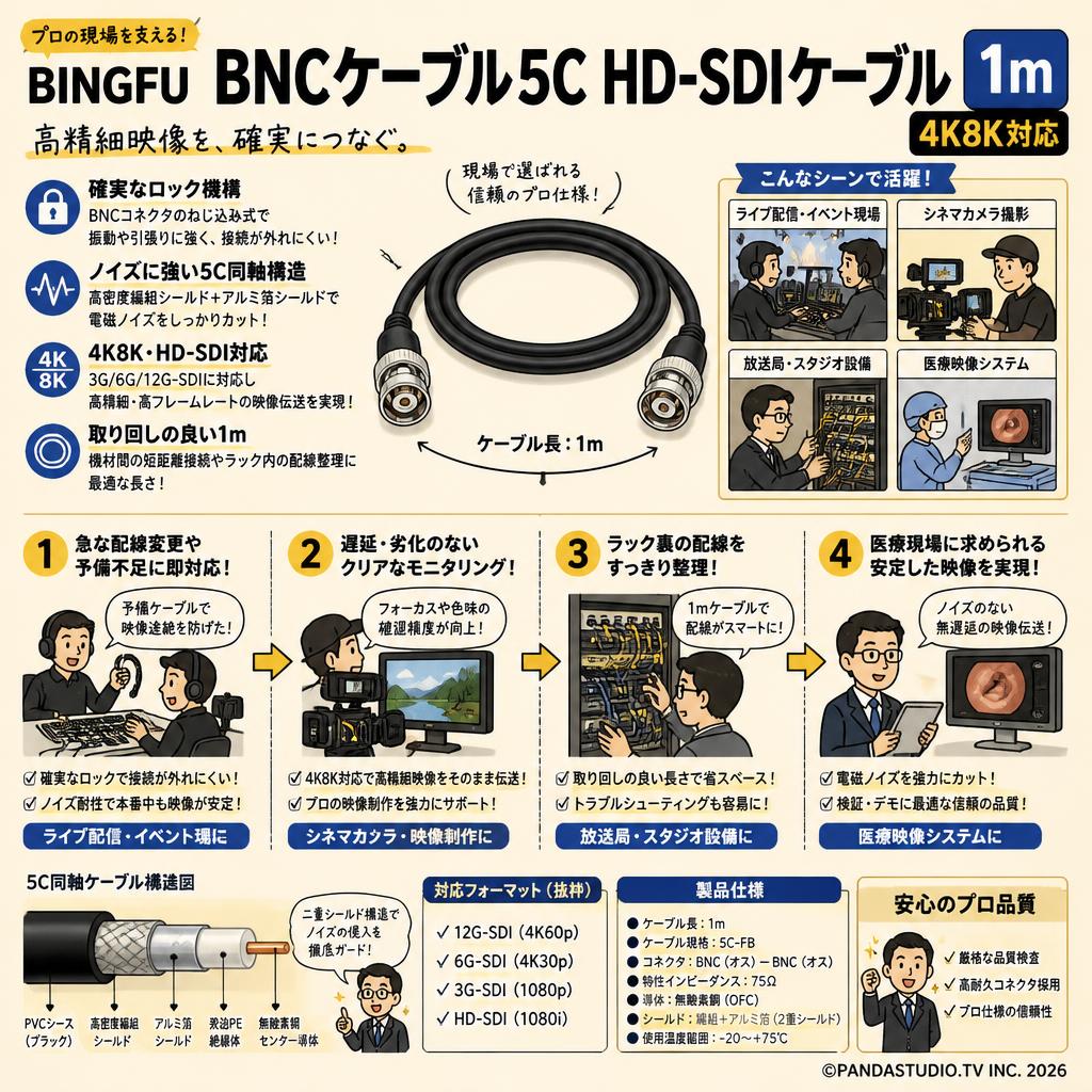 BINGFU BNCケーブル5C HD-SDIケーブル 1m (4K8K対応) おもな対象のお客様