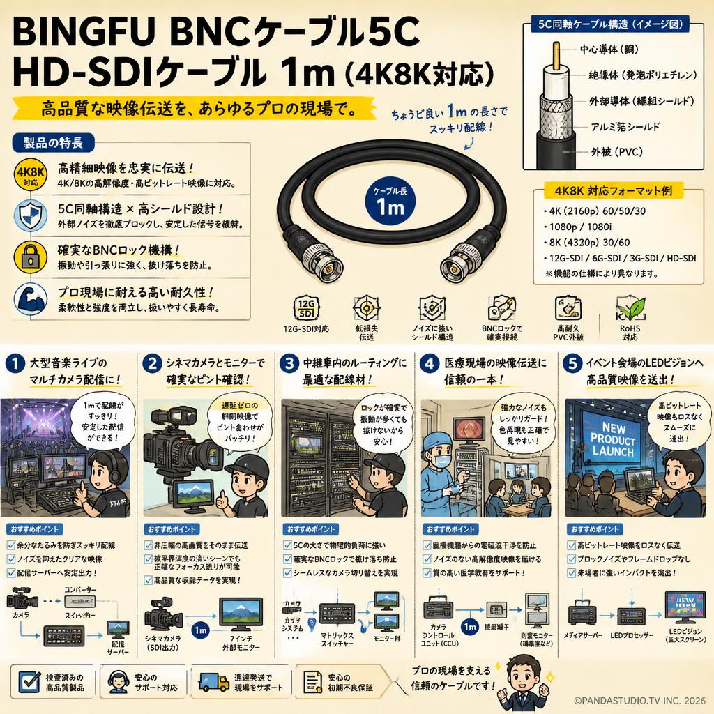 BINGFU BNCケーブル5C HD-SDIケーブル 1m (4K8K対応) 用途