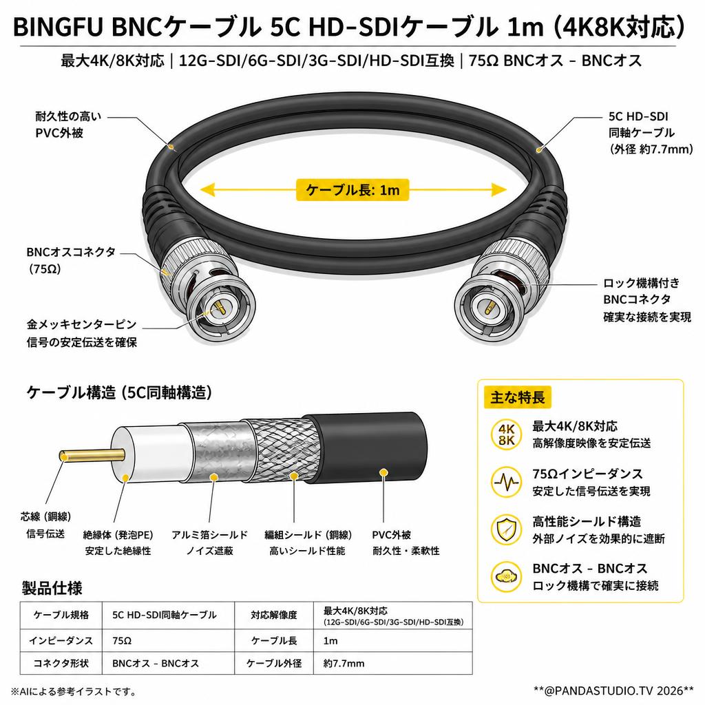 BINGFU BNCケーブル5C HD-SDIケーブル 1m (4K8K対応) スペック