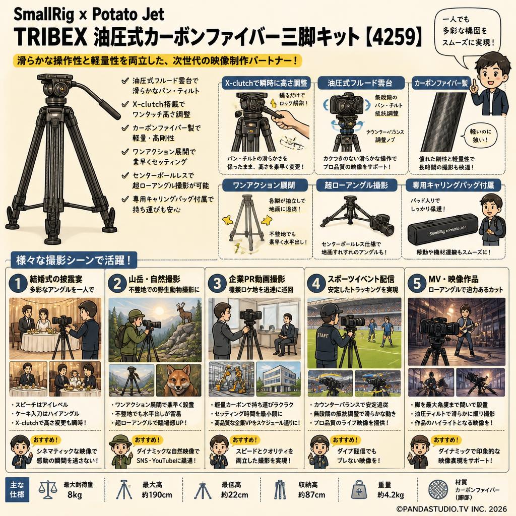 SmallRig x Potato Jet TRIBEX 油圧式カーボンファイバー三脚キット【4259】 用途