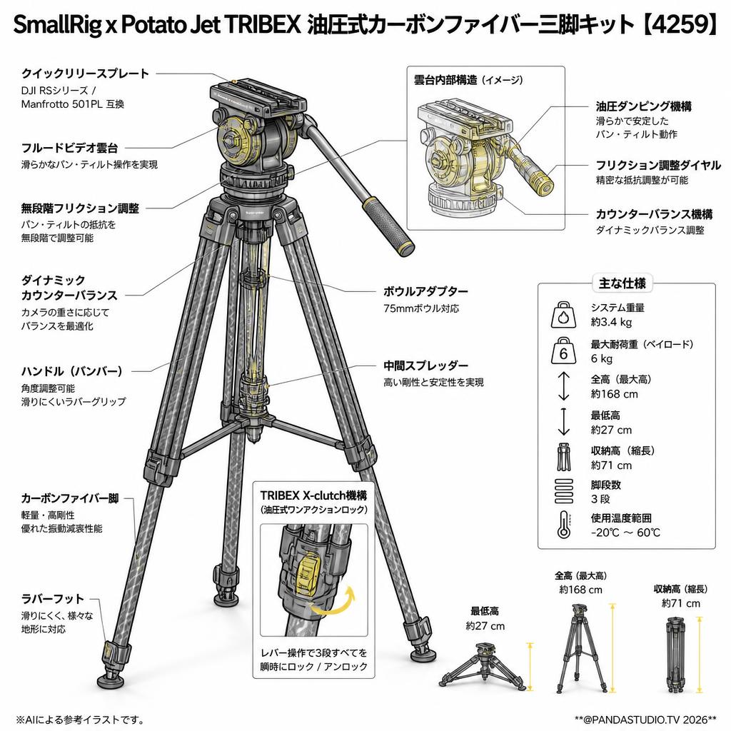 SmallRig x Potato Jet TRIBEX 油圧式カーボンファイバー三脚キット【4259】 スペック