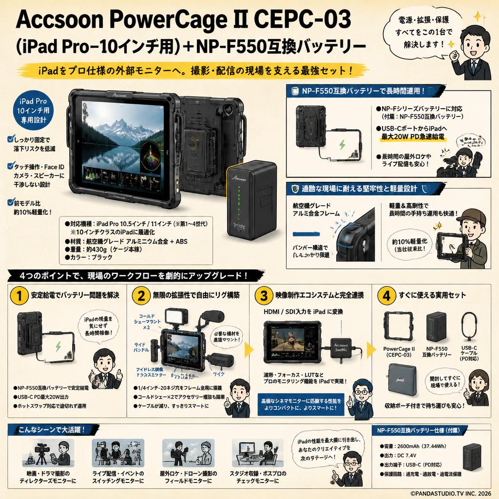 Accsoon PowerCage II CEPC-03 (iPad Pro–10インチ用)＋NP-F550互換バッテリー 概要