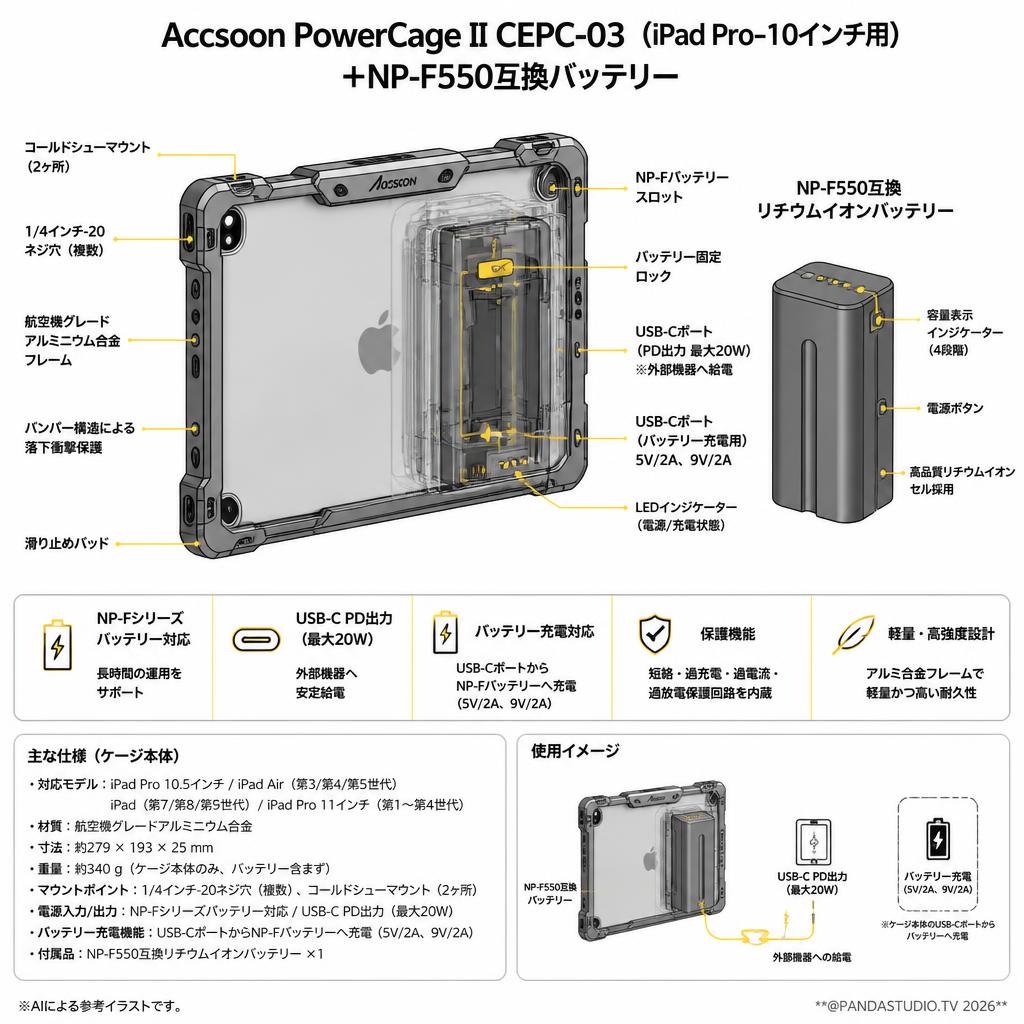 Accsoon PowerCage II CEPC-03 (iPad Pro–10インチ用)＋NP-F550互換バッテリー スペック