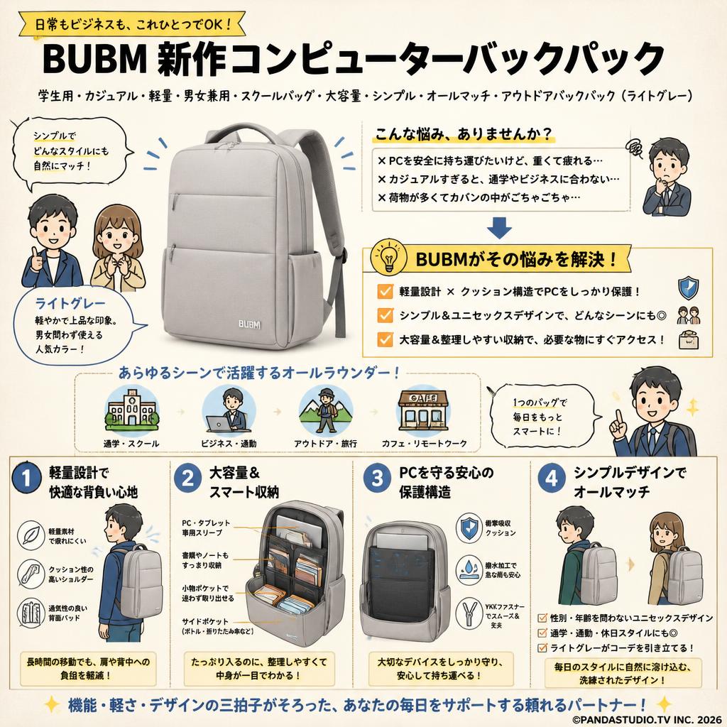 BUBM BUBM新作コンピューターバックパック 学生用 カジュアル 軽量 男女兼用 スクールバッグ 大容量 シンプル オールマッチ アウトドアバックパック(ライトグレー) 概要