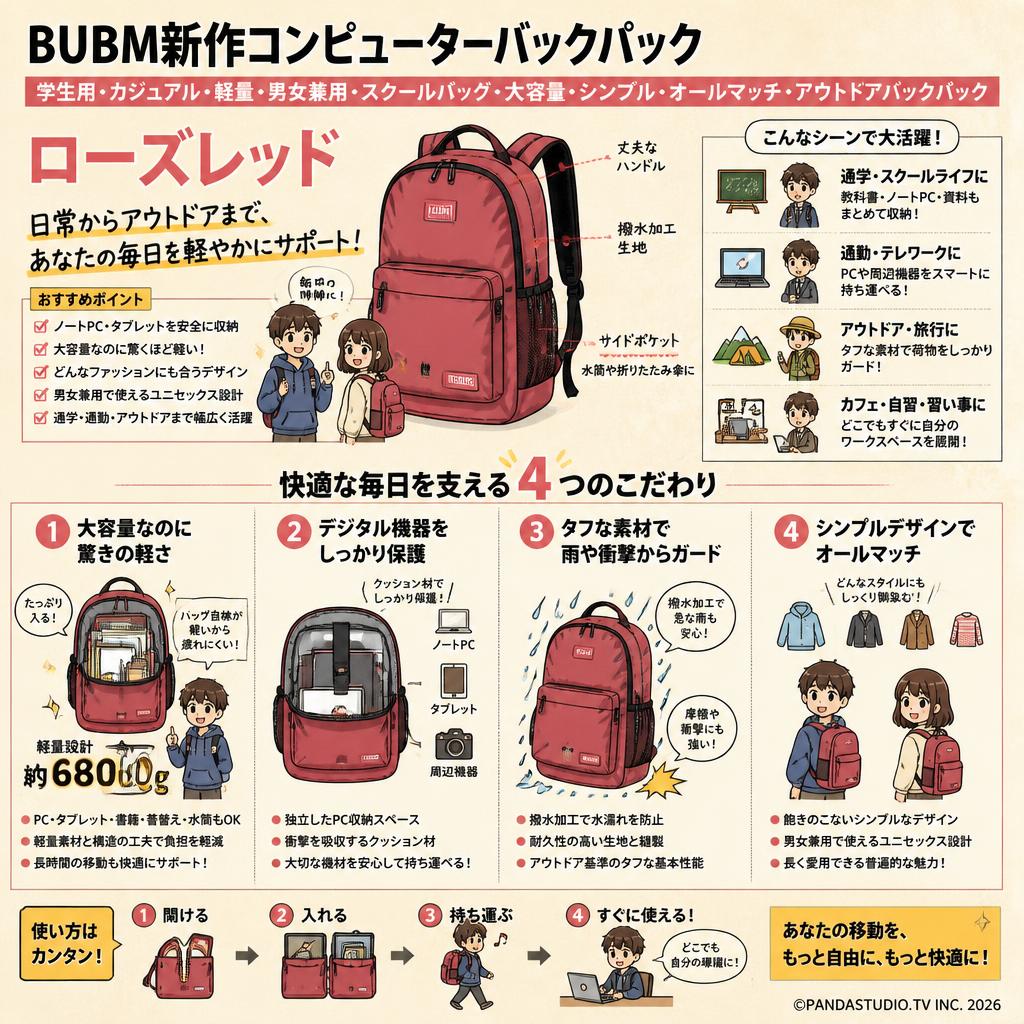 BUBM BUBM新作コンピューターバックパック 学生用 カジュアル 軽量 男女兼用 スクールバッグ 大容量 シンプル オールマッチ アウトドアバックパック(ローズレッド) 概要