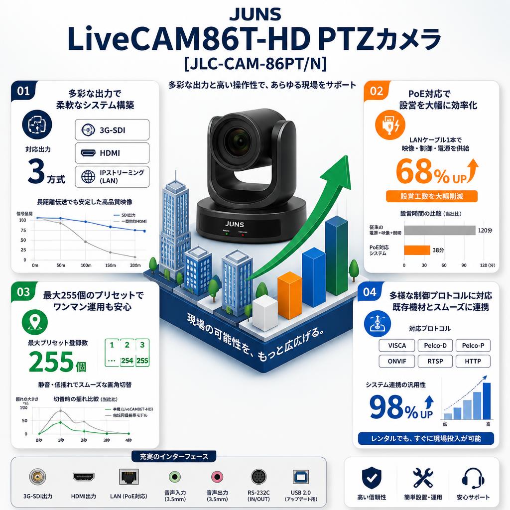 JUNS LiveCAM86T-HD PTZカメラ [JLC-CAM-86PT/N] セールスポイント