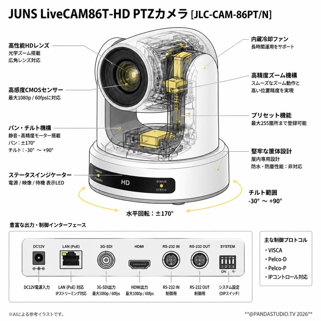 JUNS LiveCAM86T-HD PTZカメラ [JLC-CAM-86PT/N] スペック