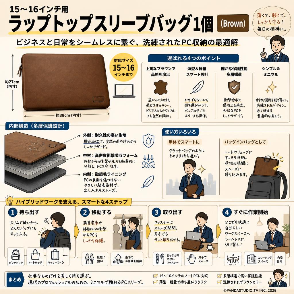 15～16インチ用 ラップトップスリーブバッグ1個(Brown) 概要