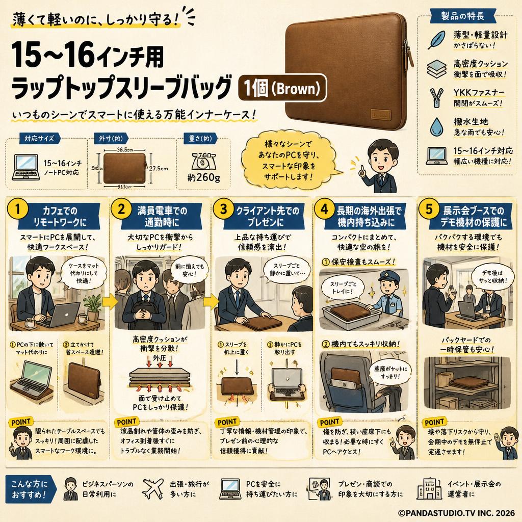 15～16インチ用 ラップトップスリーブバッグ1個(Brown) 用途