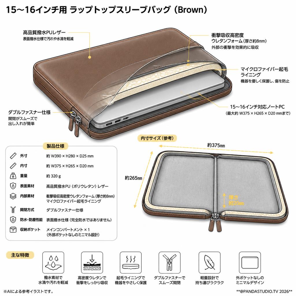 15～16インチ用 ラップトップスリーブバッグ1個(Brown) スペック