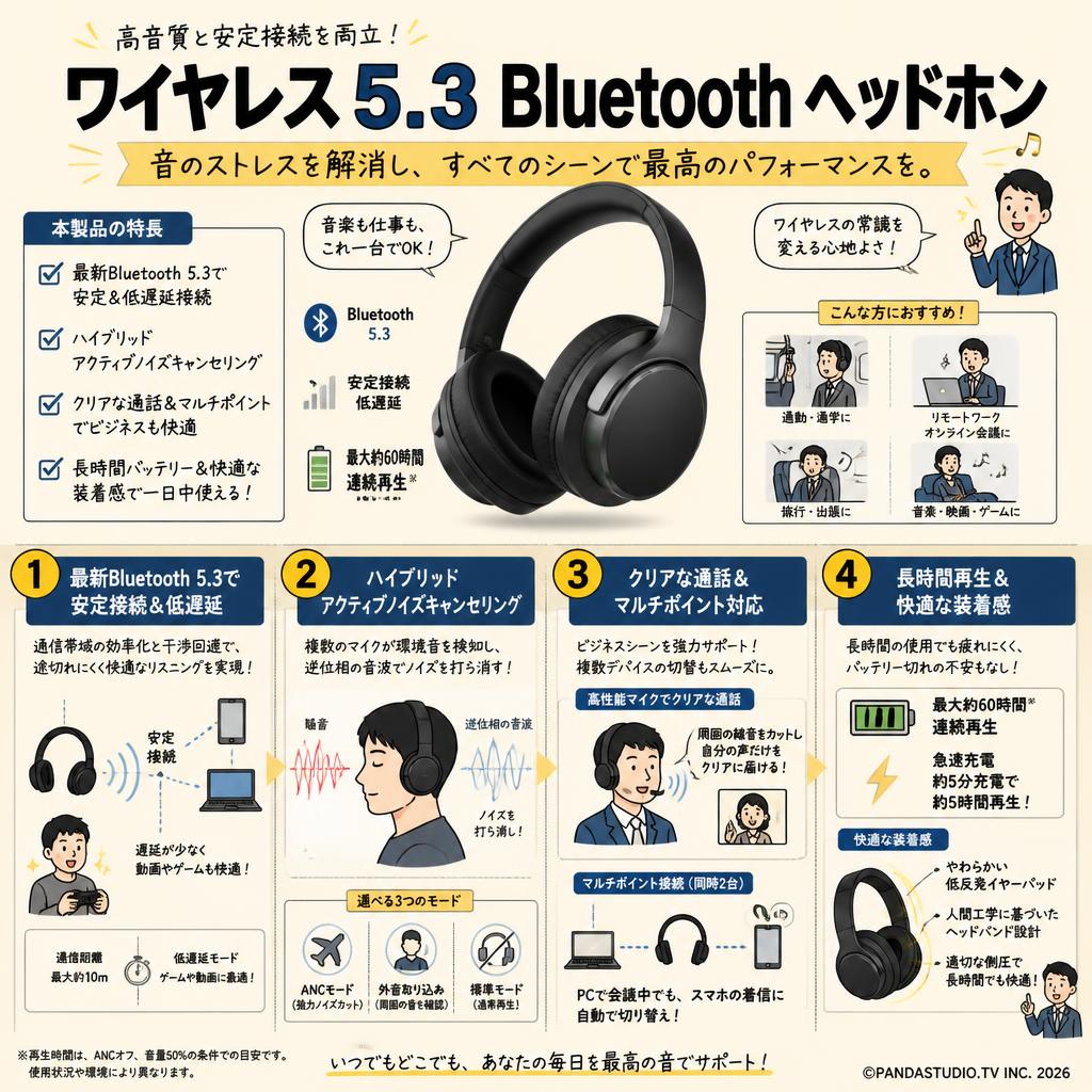 ワイヤレス5.3 Bluetooth ヘッドホン 概要