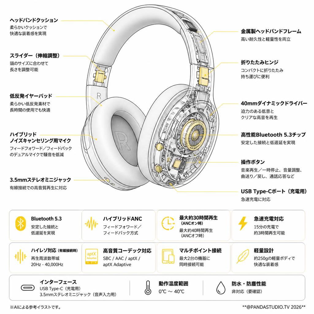 ワイヤレス5.3 Bluetooth ヘッドホン スペック