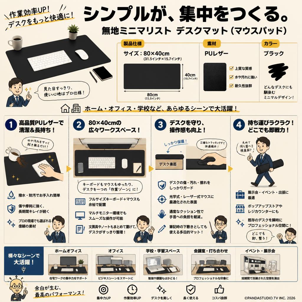 1枚 無地マウスパッド、ミニマリスト デスクマット ホーム、オフィス、学校用、PUレザー素材(Black/80*40cm (31.5インチ*15.7インチ) 概要