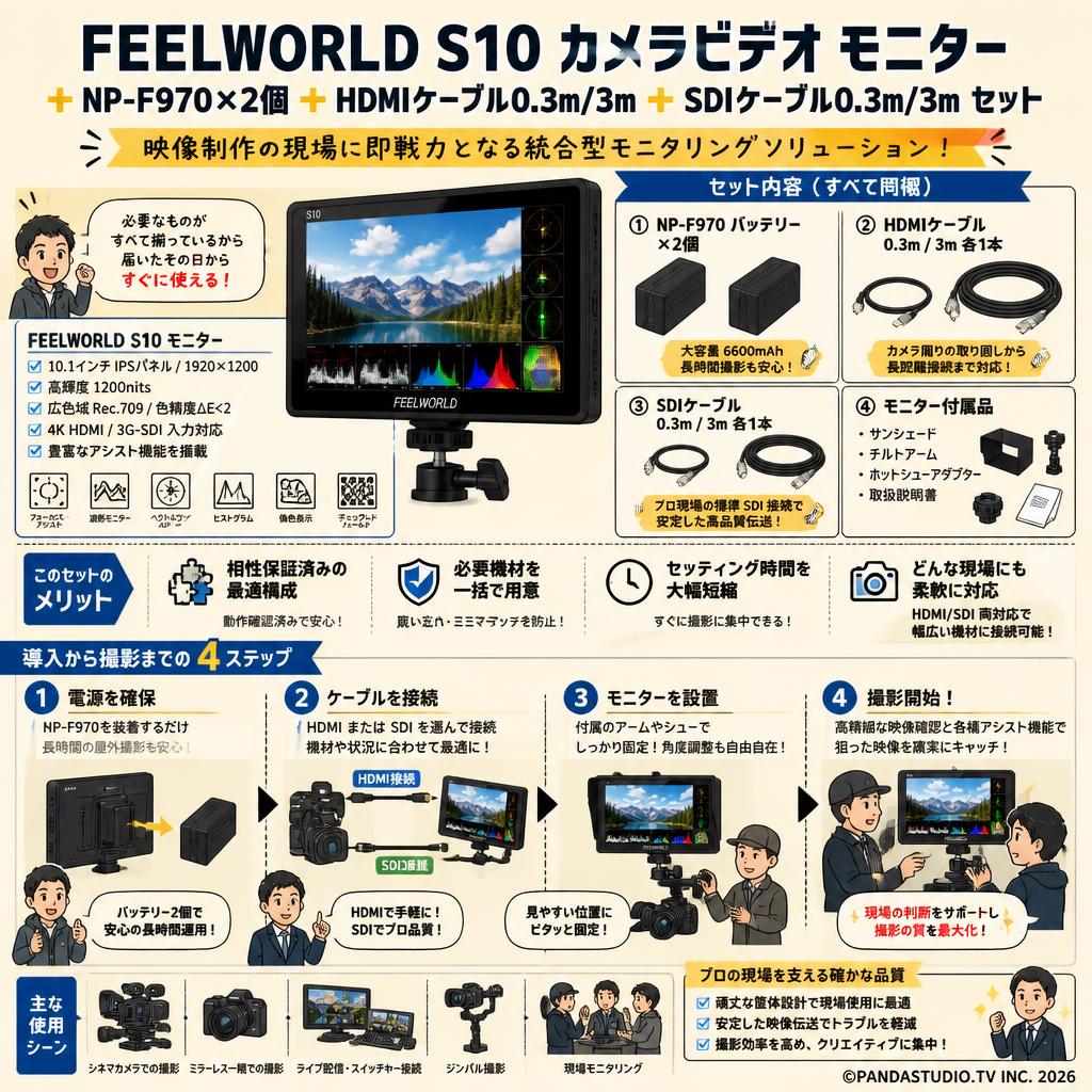 FEELWORLD S10 カメラビデオ モニター＋NP-F970×2個＋HDMIケーブル0.3m/3m＋SDIケーブル0.3m/3mセット 概要